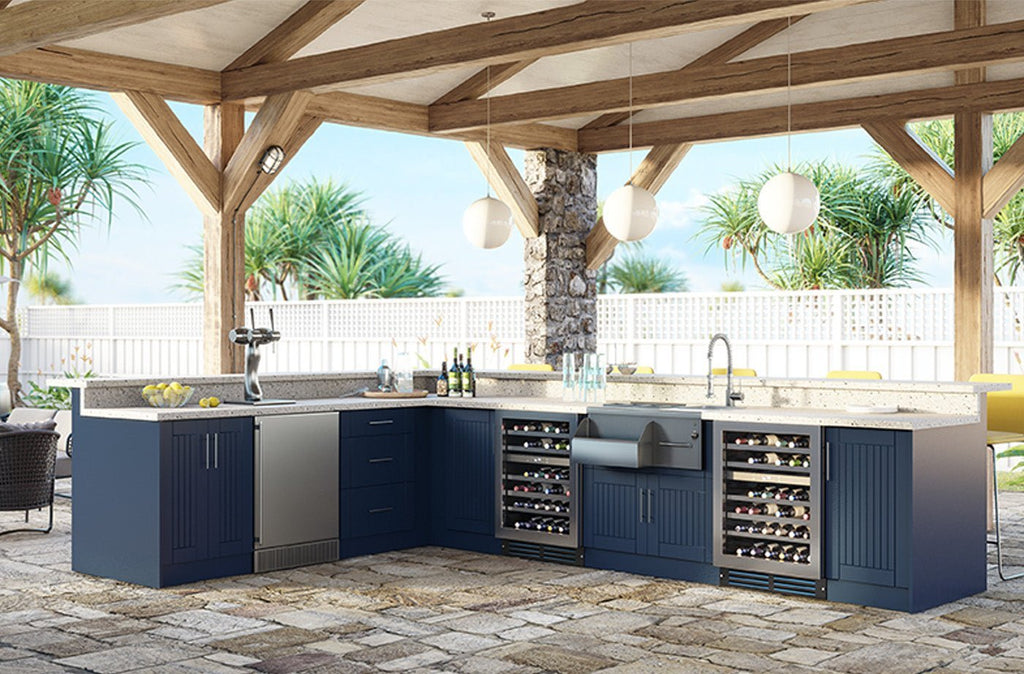 Composite L - Shaped Pre - Assembled Outdoor Bar Cabinet Set with Rap Around Seating - Weatherstrong