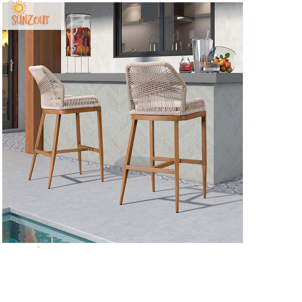 Outdoor All Weather SolidTeak Wood Bar Stool - Twill Woven - Sunzout Outdoor Furniture