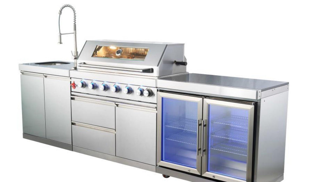 Sunzout brand 100.5 inch Stainless Steel Outdoor Kitchen with Grill, Rotisserie, Double Refrigerator, Modern Sink and Granite Countertop - Sunzout Outdoor Kitchens