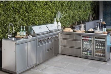 Sunzout L - shaped Stainless Steel Modular Outdoor Kitchen with Double BBQ, Double Refrigerator and a Sink. 8ft by 7ft - Sunzout Outdoor Kitchens