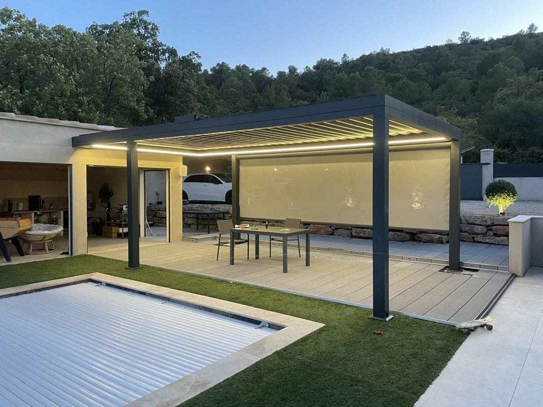 Outdoor Motorized Roof Sunshade Pergola Kit- Louvered with LED Lighting