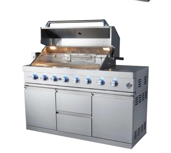 Sunzout brand 100.5 inch Stainless Steel Outdoor Kitchen with Grill, Rotisserie, Double Refrigerator, Modern Sink and Granite Countertop
